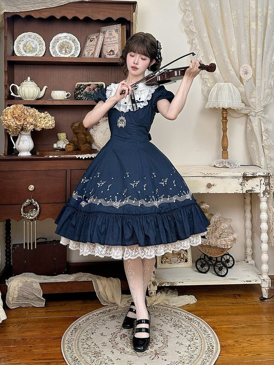 Dark Blue Polka Dot Embroidered Lolita Dress with Music Note Motif and Multi-Panel Cut - Surface Spell