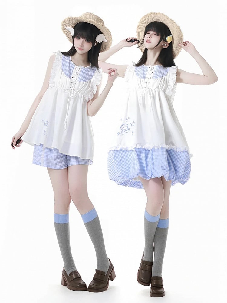 Bubble Skirt Plaid Flutter Sleeves Dress Blue Seashell and Starfish Embroidery White and