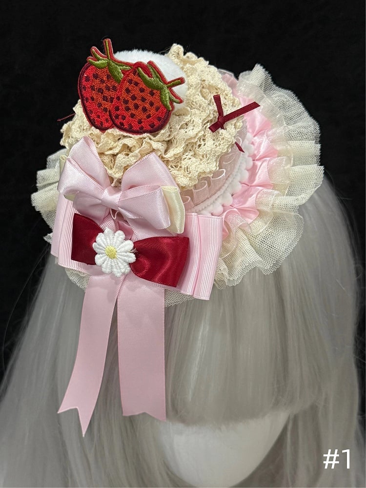 Sweet and Strawberry Lolita Pink Bunny Lace Mini Red KC Style Hat