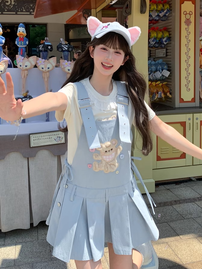 Adjustable Plush Bear Applique Blue Box Pleat Overall Dress Straps Shoulder