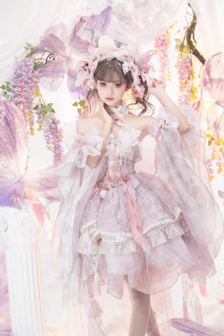 Rosa Prinzessin Fee Blumenmuster Set voller Schmetterling und JSK Kleid Lolita Blume