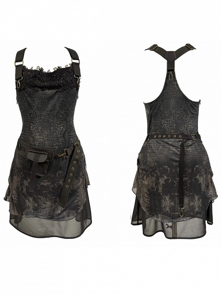 Adjustable Neck with Dress Print Belt Floral Black PU Cowl Layered