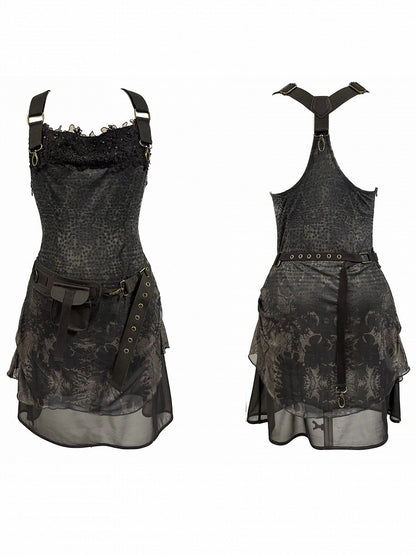 Adjustable Neck with Dress Print Belt Floral Black PU Cowl Layered