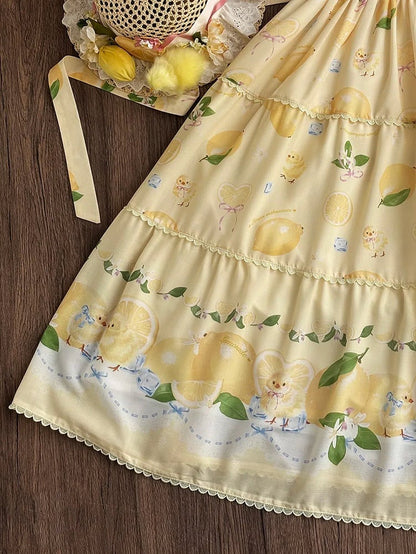 春とひよこドレス袖ショート夏プリントロリータレモンイエロー