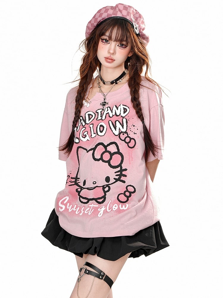 ピンク/ホワイト キティプリント ルーズTシャツ
