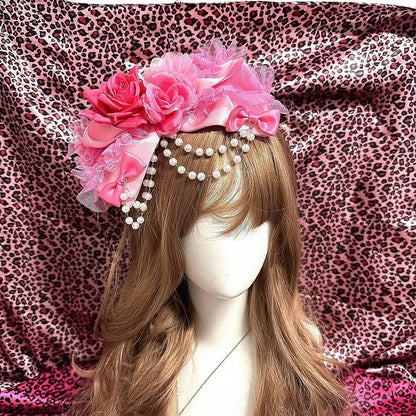 Red Fashion Pink Hime with Y2K Rose Gyaru / Chain Beaded Hair Showa Clip