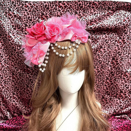 Red Fashion Pink Hime with Y2K Rose Gyaru / Chain Beaded Hair Showa Clip