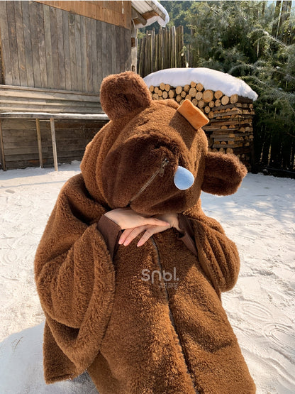 茶色のかわいいカピバラのフード付きジップ開閉フリースフード付きケープ