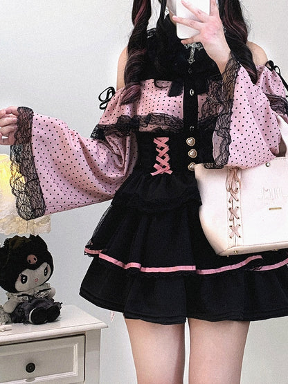 Jirai Sleeves Kei Polka-dot Bell / Blouse | White Pink