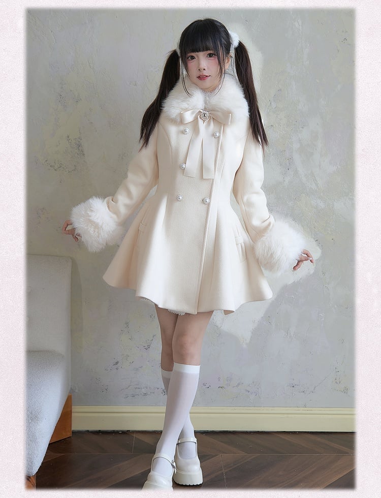 Apricot Coat Jirai Kei Big Bow Breasted with Double Detachable Fluffy Collar and Cuffs Rhinestone
