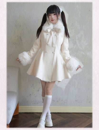 Apricot Coat Jirai Kei Big Bow Breasted with Double Detachable Fluffy Collar and Cuffs Rhinestone