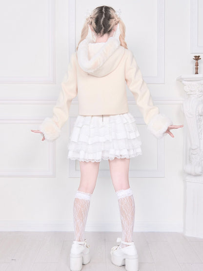 Bow Coat Plush Kei Short Jirai Apricot Trim with Hooded Pockets and