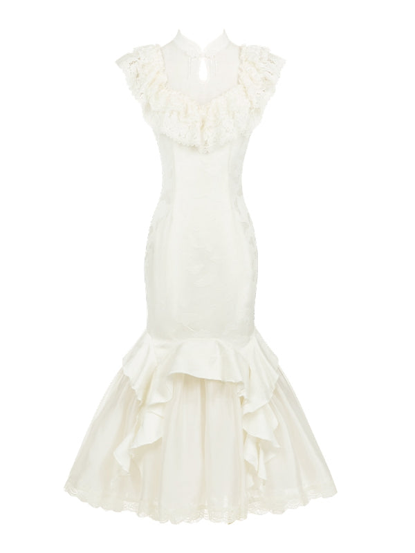 Trim Qi Jacquard Kleid Meerjungfrau Kragen Lolita Rüschen Cascading Butterfly Qipao