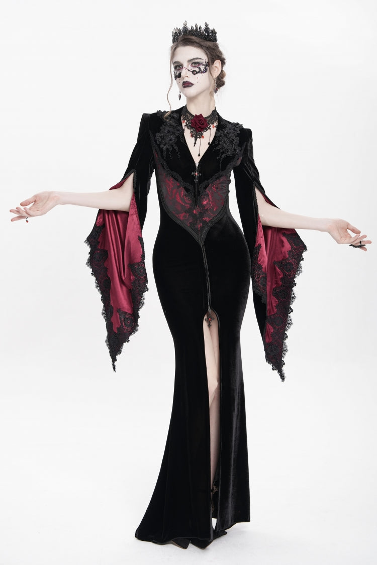 Black and Red V-Neck Long Trumpet Sleeves Floral Embroidered Velvet Gothic Dress