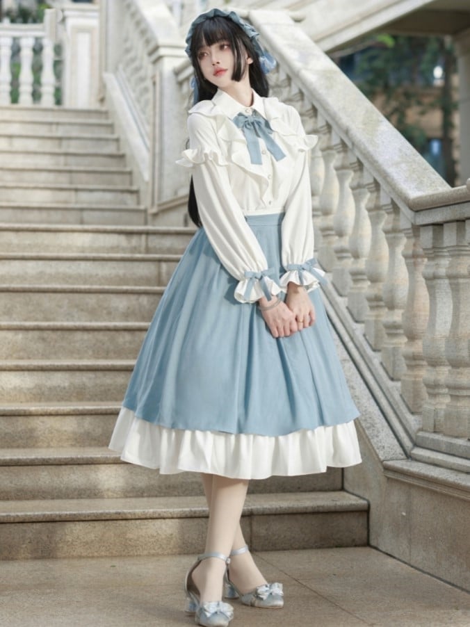Button-Side Chiffon Colorblock with White Accent Bow Blue Skirt and
