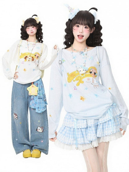 White Breathable Long Sleeve Top with Cartoon Girl Print - Languid Park