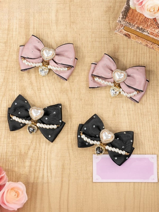 Jirai Kei Haarspange mit Herz-Strasssteinen und Perlen und Schleife