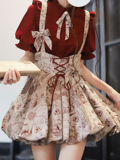 Weinrotes Jacquard-Overallkleid mit Ballonrock und Schnürung in der Taille