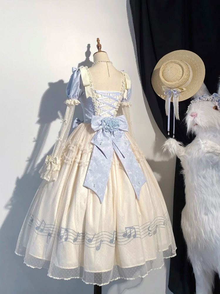 Dress Blue Version Print Lolita Elegant Note Beige Lace Violin Classic with Embroidery Long Musical