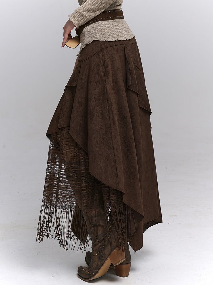 Suede Skirt Handkerchief Coffee Fringe Wasteland Punk A-Line Millard Hem with