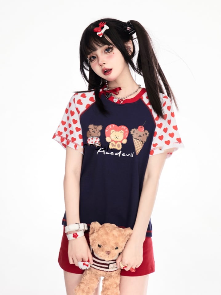 パターン ネイビーブルー カラーブロック デザイン テディベア プリント Tシャツ ハート