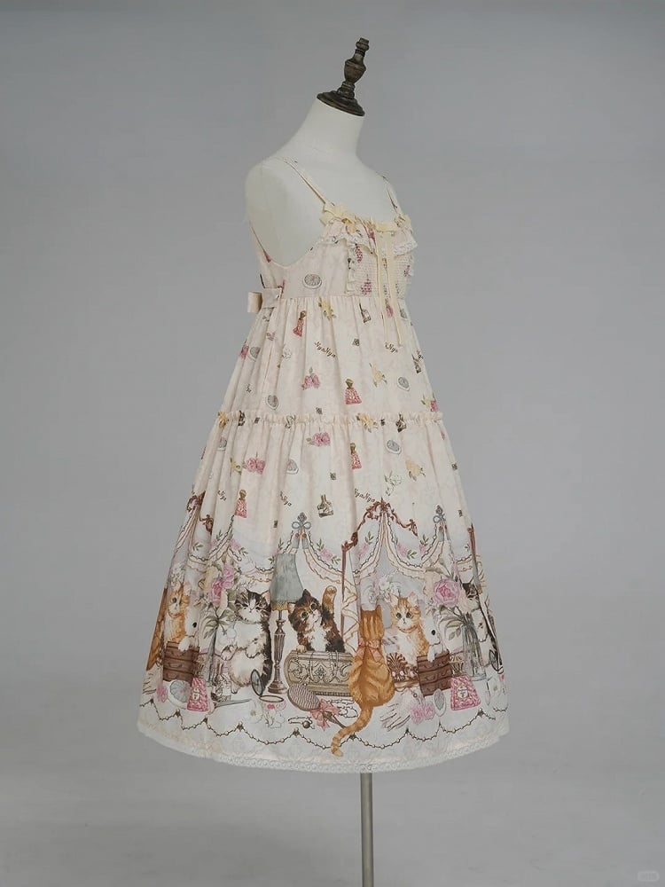 Beige Cat Print High Waist Sweet Lolita Jumper Skirt - NyaNya