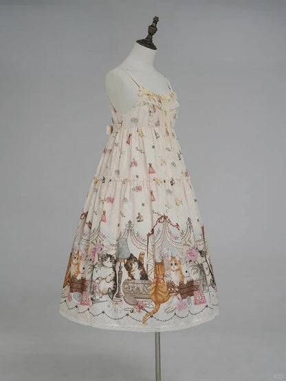 Beige Cat Print High Waist Sweet Lolita Jumper Skirt - NyaNya