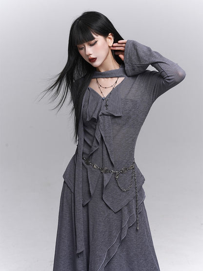 Elegant Gray Ruffle Gothic Front Attached with Neck Top V-Neck