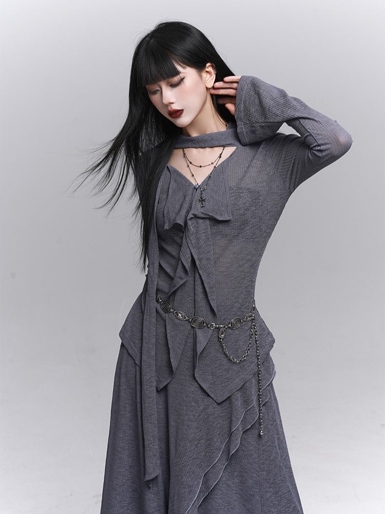 Gray Gothic V-Neck Top with Elegant Ruffle Front & Attached Neck Strap - Lady Ghost
