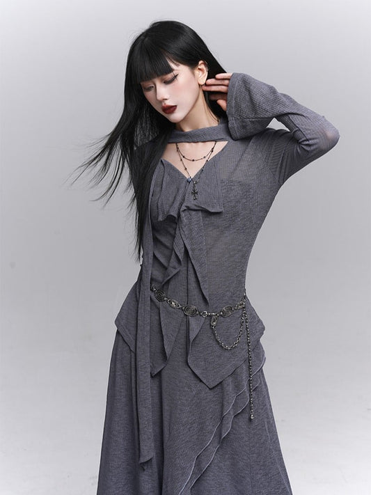 Gray Gothic V-Neck Top with Elegant Ruffle Front & Attached Neck Strap - Lady Ghost