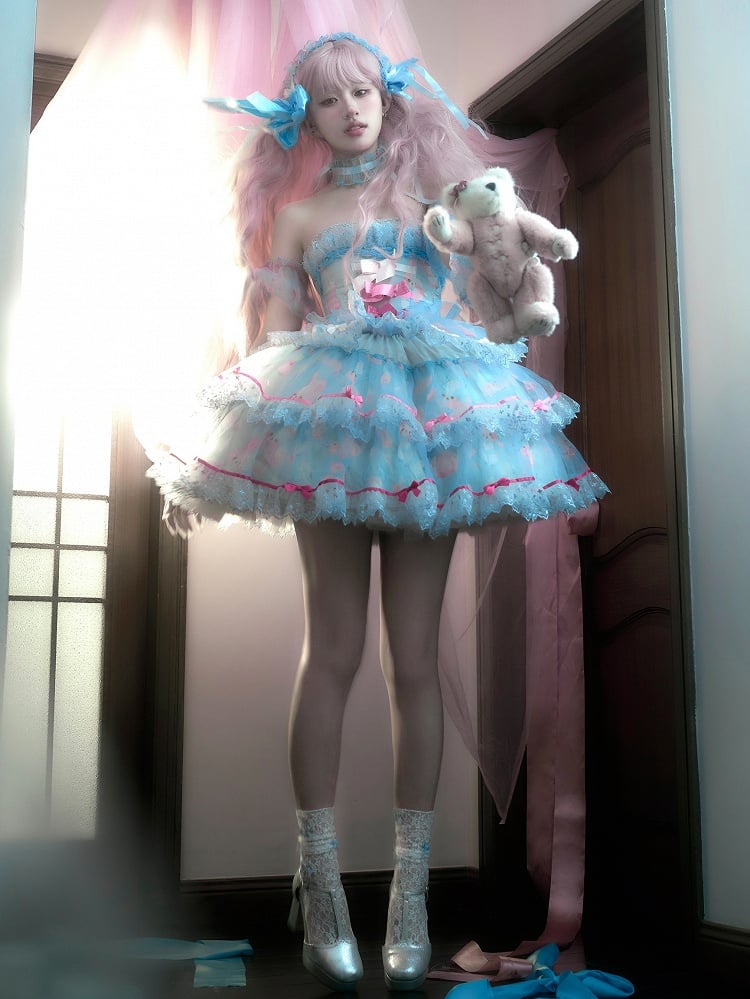 Bunny Blue Bow Boning Satin Kleid Akzente Niedlich Lolita Print