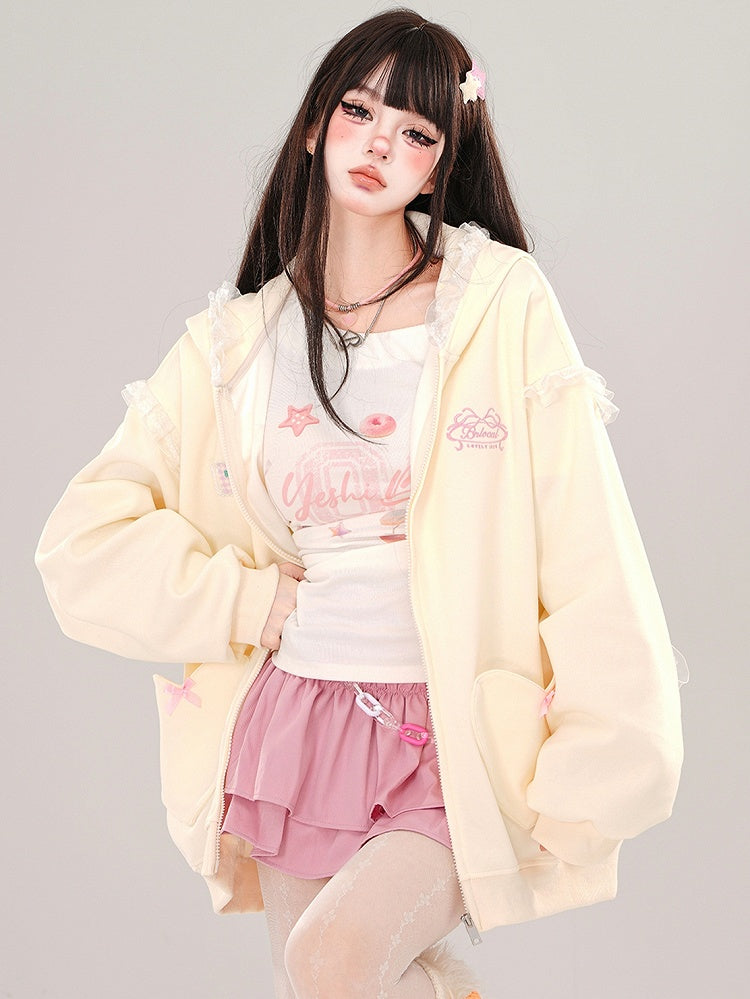 Blau/Apricot – Kapuzenjacke mit Spitzenbesatz und Hasenohren