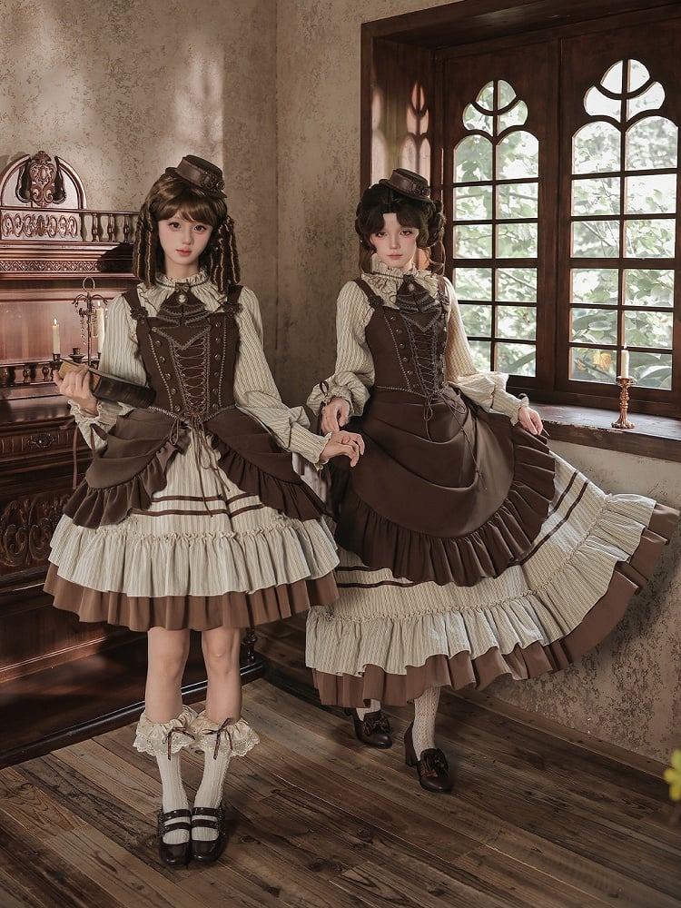 Brown Adjustable Lace-Up Lolita Corset with Ruffle 2-Way Overlay - With PUJI