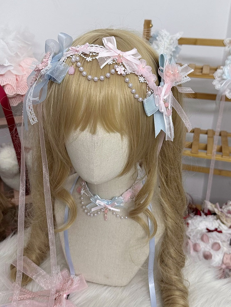 Bowknot Blue with Cherry Hairclip Decorations Pink Blossom