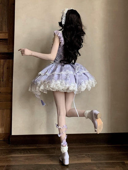 Version with Corset Purple Top Floral Frog Skirt Buttons Lolita Jasmine-Embellished Print Short +