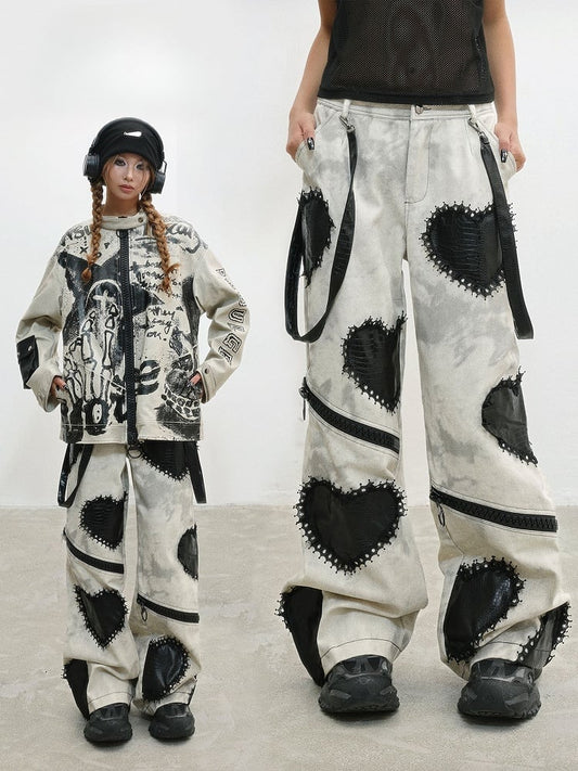 Pastel Lace - Patches Jeans Heart Wide-leg Punk Tie-Dye Trimmed Gray