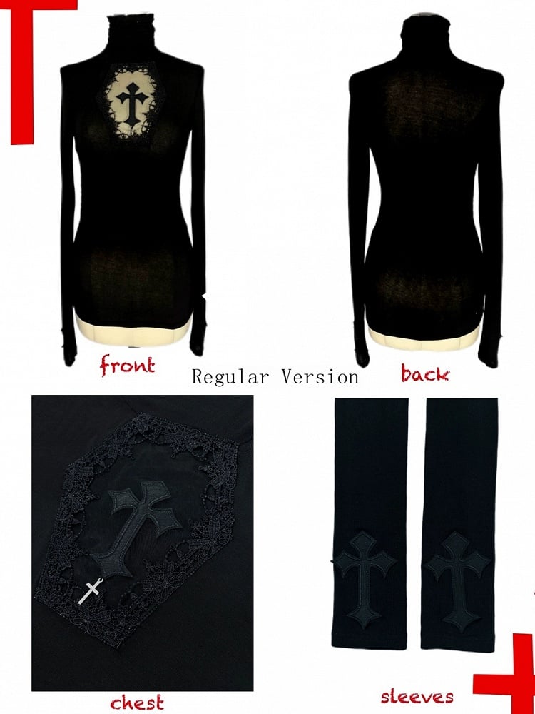 Coffin Sleeves Crosses Cutout High Top Adorned Black Neck Gothic Long
