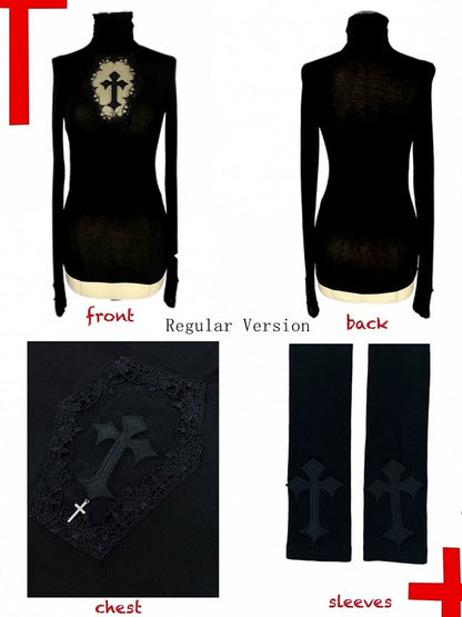 Coffin Sleeves Crosses Cutout High Top Adorned Black Neck Gothic Long