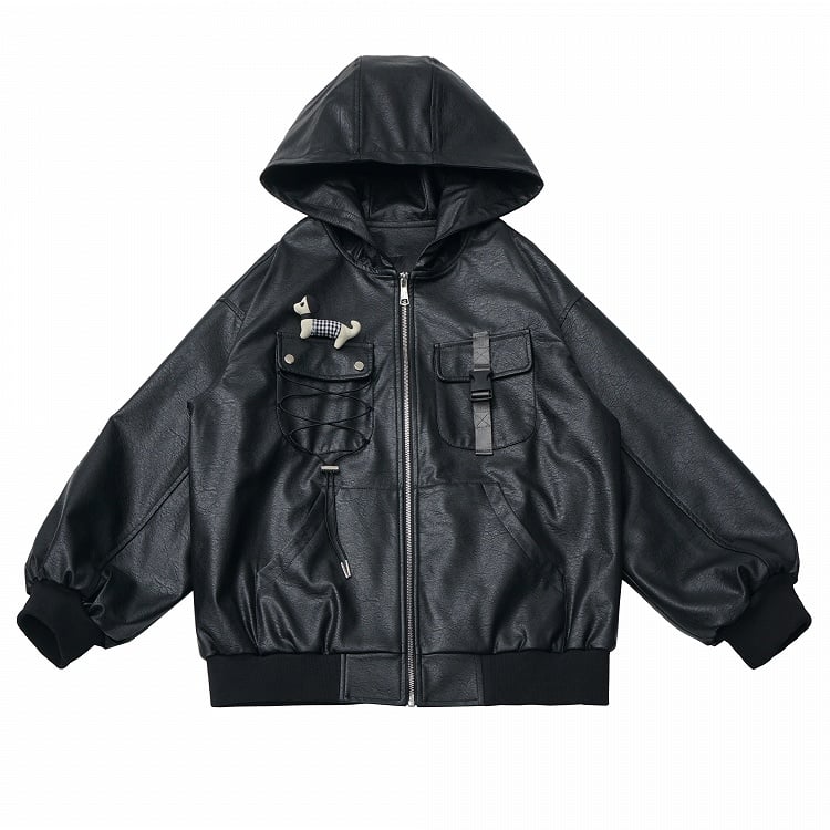 with PU Strap Techwear Lining Snap Hooded Regular/Fleece Black Motorcycle Version Jacket