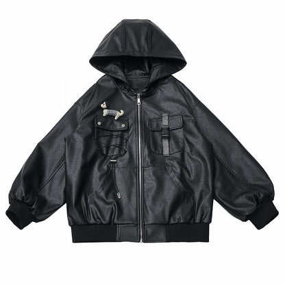 with PU Strap Techwear Lining Snap Hooded Regular/Fleece Black Motorcycle Version Jacket