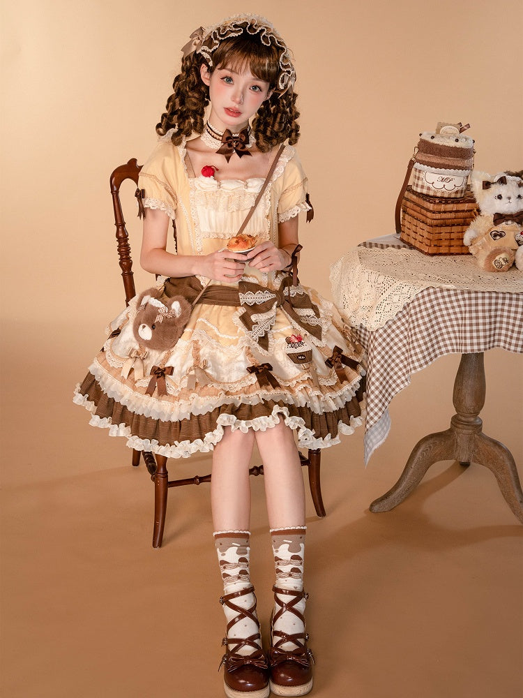 Details Yellow Waist Dropped Layered Hem Bowknot Lolita Dress Sweet