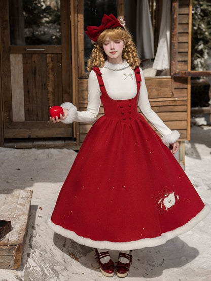 Red Boned Winter Embroidery Plush Apple and Dress Waist Hemline Under with Lolita Bust
