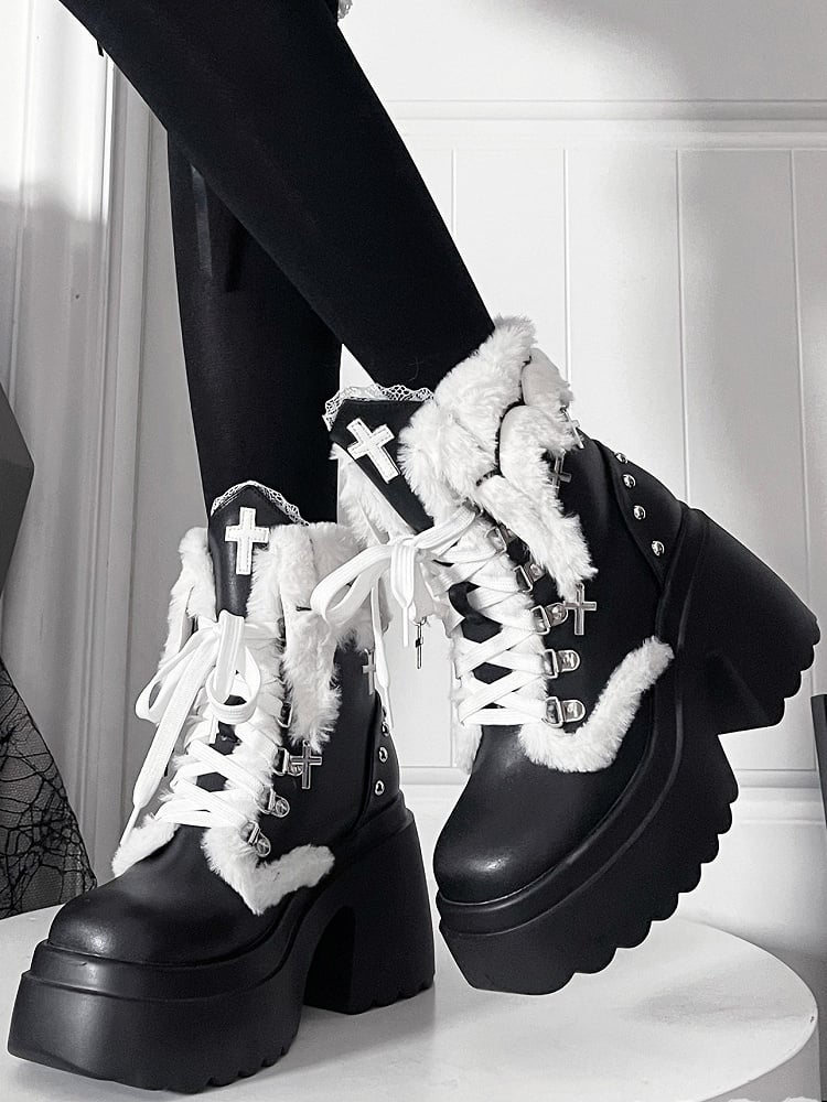 Punk Ankle with High Charm Cross Block Cuff Studded Heel Details Boots Plush Black Platform -