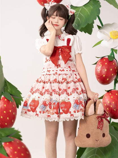 Spring Strawberry and Rabbit Print Big Bow Rabbit Ears Design Light Pink Sweet Lolita Overall Dress