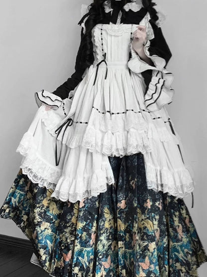 White Bell Bonnet Black Han Floral Apron Horse-face Sleeves Print Top Lolita + Skirt Set