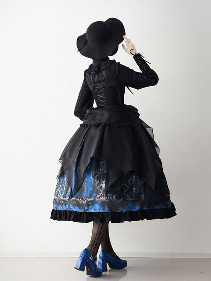 Blue with Layered Dress Irregular Lolita Gothic Overlay JSK Black