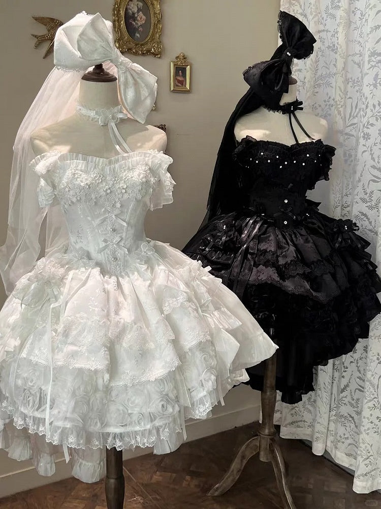 Blooming Layered Jacquard Hime Lolita Dress – Basque Waist with Lace & Fluffy Flower Accents | Sheer Ocean