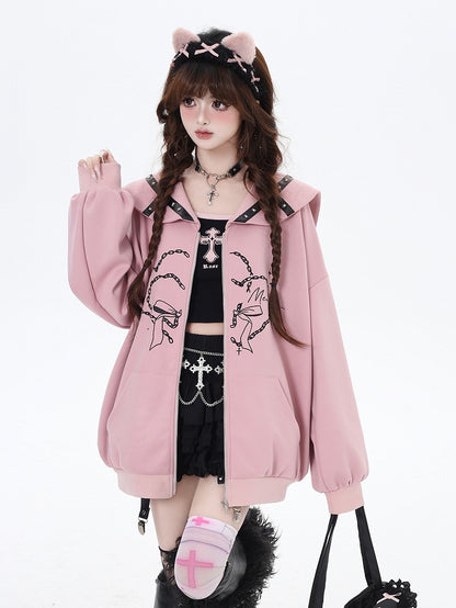 Pink/Gray Sailor Collar Zipper Closure Printed Jacket