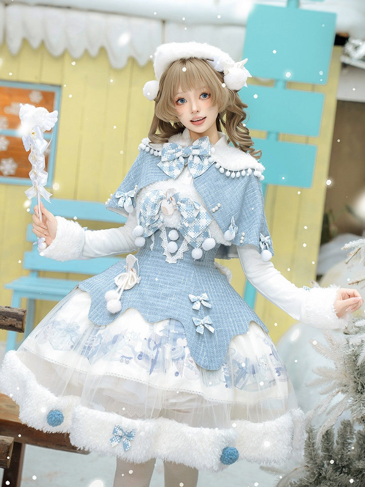 Print Winter Sweet Top Blue Lolita White Cape Snowman Set Knitted + - Tweed JSK