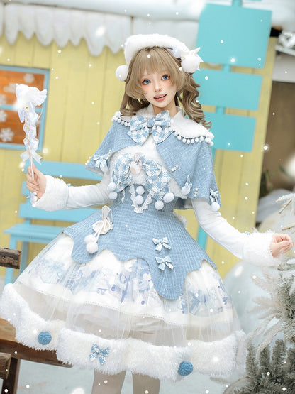 Print Winter Sweet Top Blue Lolita White Cape Snowman Set Knitted + - Tweed JSK